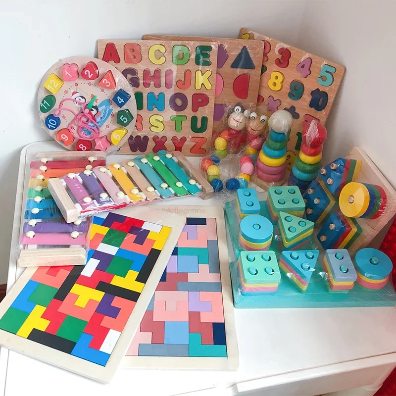 Educational Wooden Toy Children's Rainbow Tower Music Box Shape Block Matching Board Four Set Column Toy for Early Learning