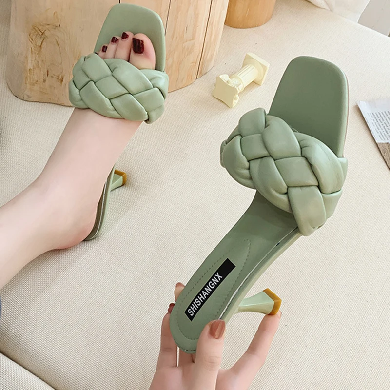 Weave Designer Women Slipper Ladies Thin High Heel Sandal 2021 New Summer Slip-On Open Toe Brown Outdoor Slides Flip Flop Shoe