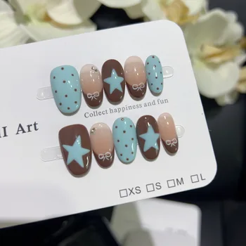 10PCS Cute Cartoon Dog Patterns Short Oval Press on Nails Cream Graffiti Bow French Handmade Sweet Fake Nails Wearable Nail Tips