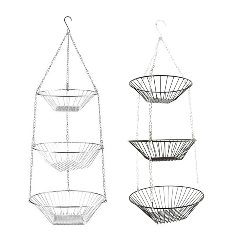

3 Tiers Fruit Basket Vegetable Kitchen Storage Baskets Wire Chain Hanging Rack Dropship