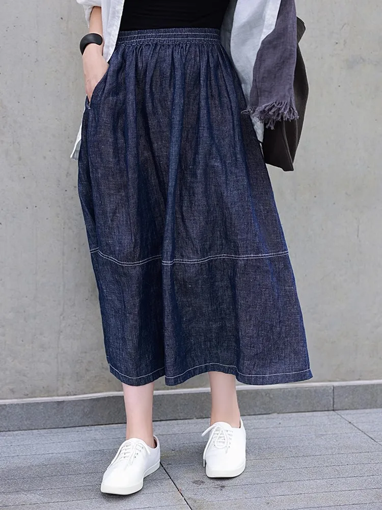 

2023 Early Autumn New Han Hemp Yarn Woven Denim Contrast Bright Thread Slim Elastic Waist A-line Half length Skirt 0928