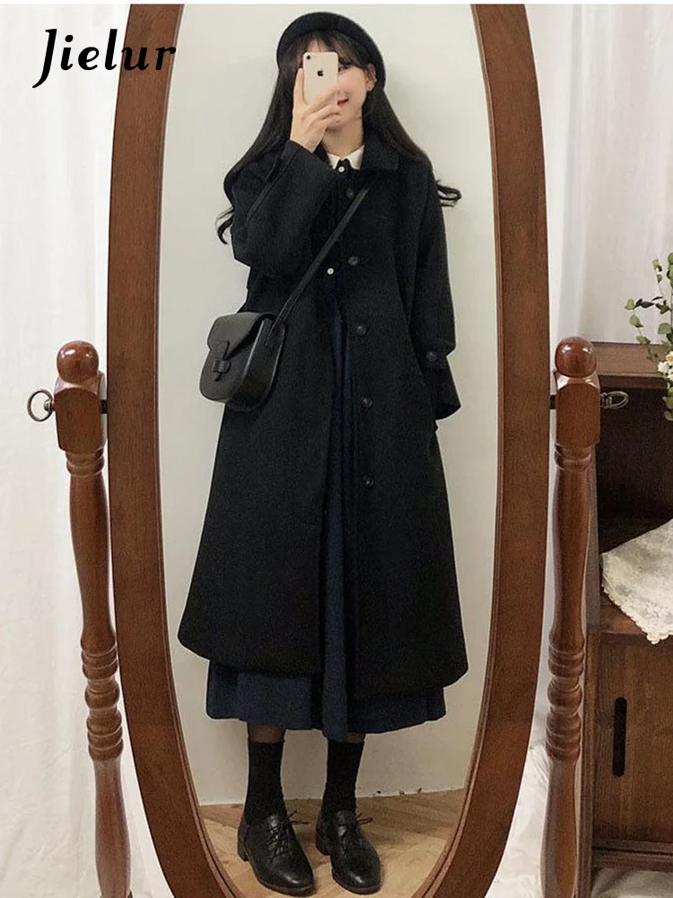 

Womens Coat Winter Korean Fashion Long Coated Thickened Woolen Winter Coat for Women Black Coat Harajuku