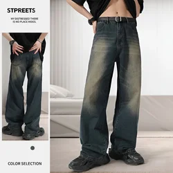 American Retro distressed jeans men's high street straight loose washed wide-leg denim trousers male streetwear