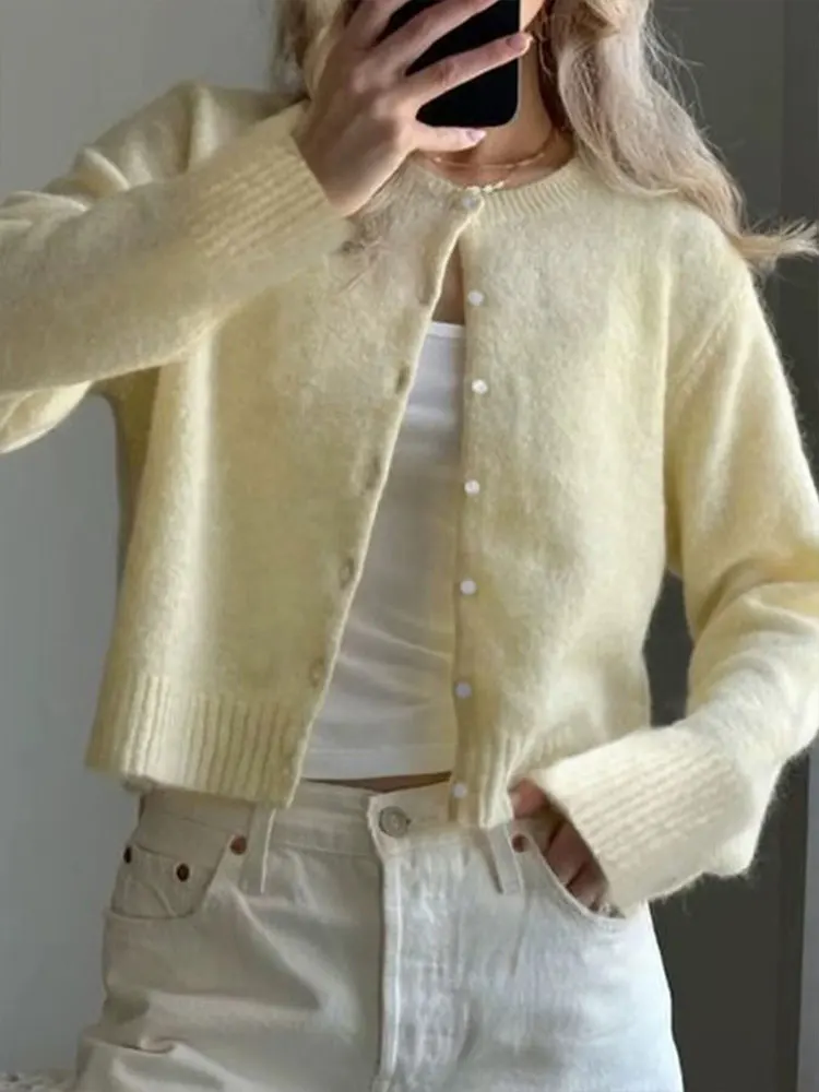 HH Women Elegant Yellow Knitted Sweater O Neck Long Sleeve Single-breasted Short Cardigan Autumn Casual Office Lady Coats