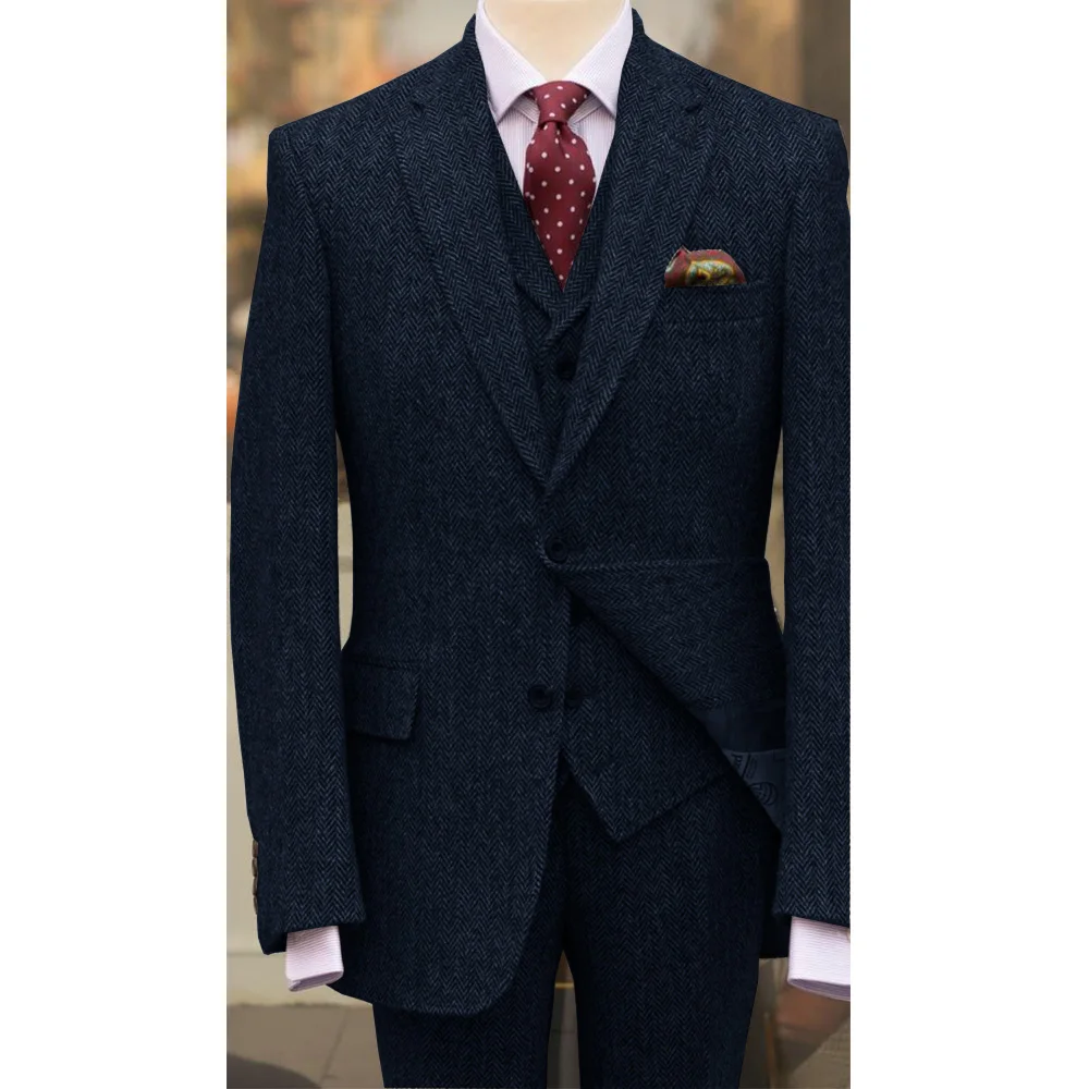 Men Suits Elegant Men\'s Full Suit Three Piece Herringbone Fabric Casual Fashion Groomsmen Grooms Dress Custom Man Suit Trousers