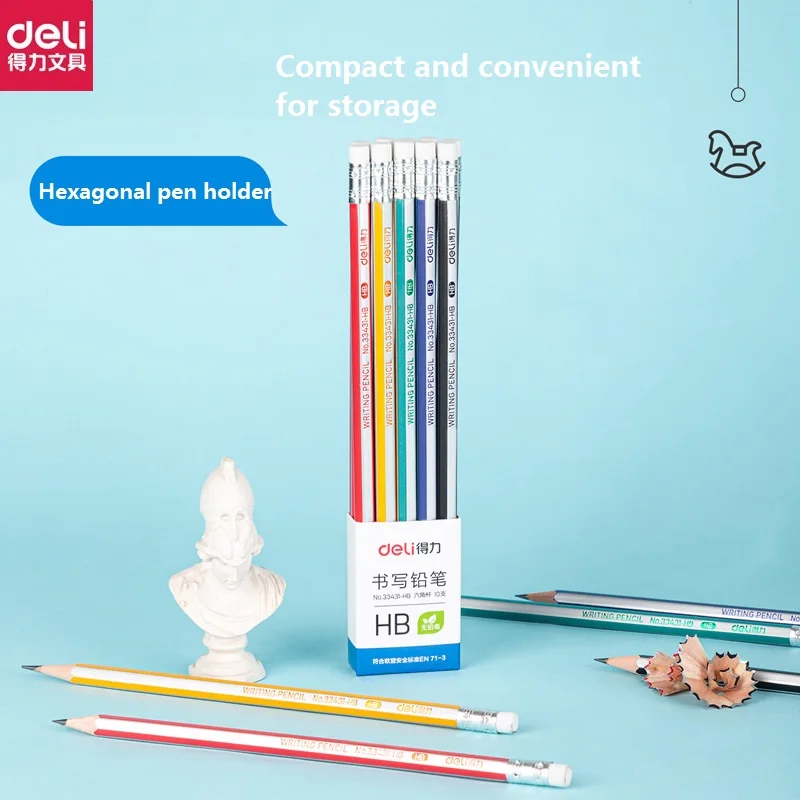 10pc/Set Deli HB 2B Wood Pencil Triangle/Hexagonal lapices With Eraser For Children Students Painting Writing School Office Home 2