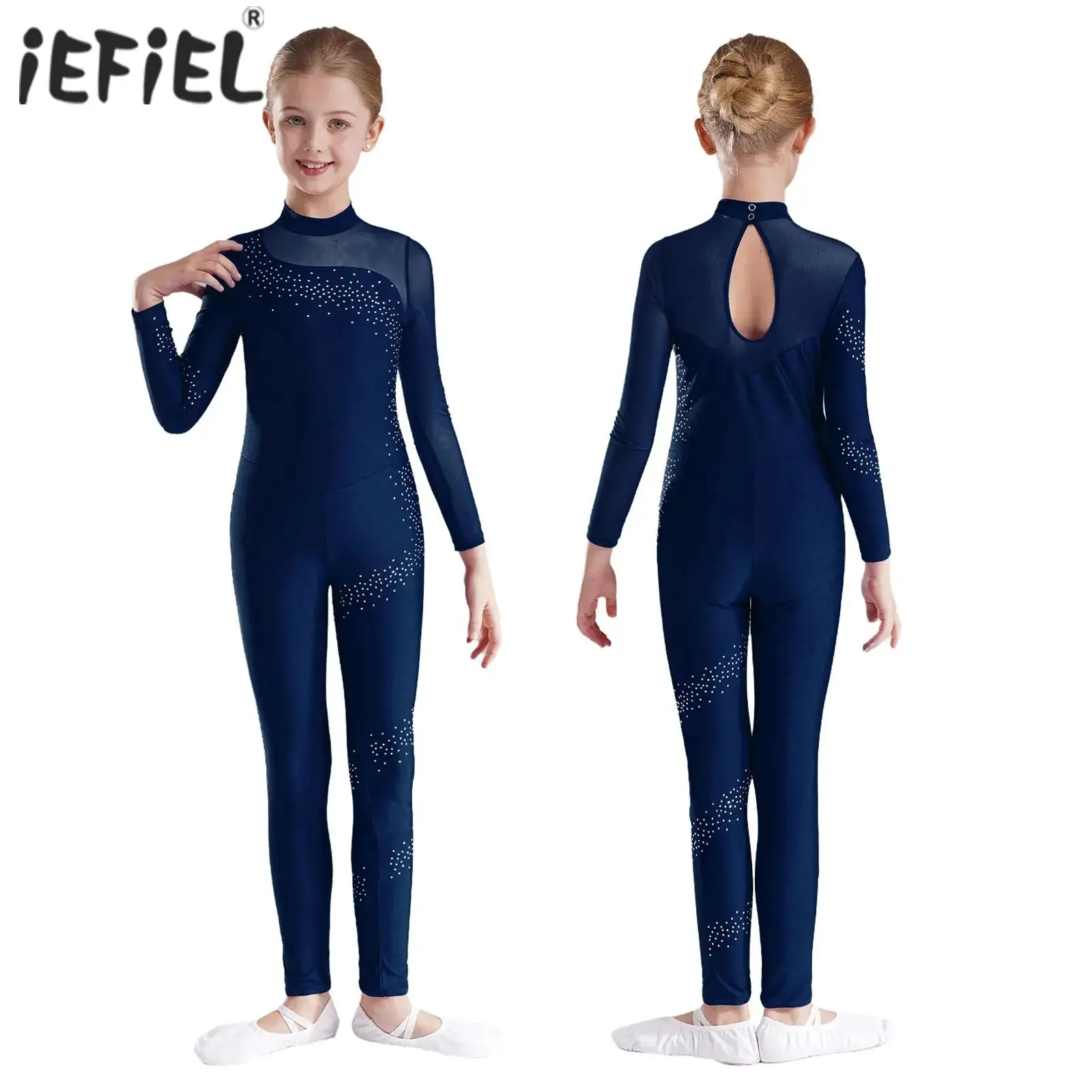 

Детский танцевальный комбинезон для девочек, танцевальный комбинезон для гимнастики, тренировок, танцевальная одежда, женское прозрачное Сетчатое боди с длинным рукавом и вырезом на спине