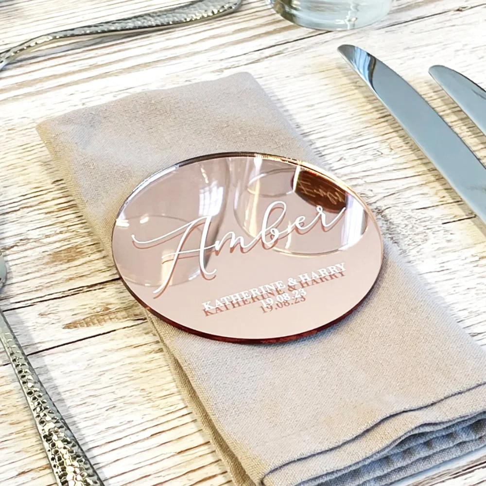 Place Cards 10Pcs Personalised Acrylic Wedding Party Place Names Round 8-10cm Mirror