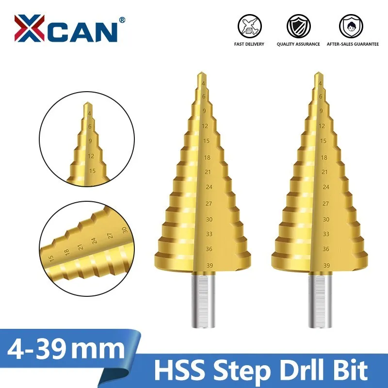 XCAN 4-39mm Step Drill Bit HSS Straight Groove TiN Coated Step Cone Drill Wood Metal Hole Cutter Core Drilling Tools Set