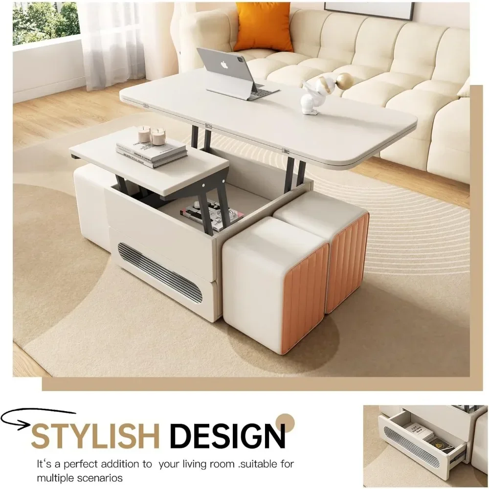 Coffee Table, 3 in 1 Multifunctional Folding Center Tables with 4 Leather Stool & Hidden Compartments, Lift Top Coffee Table