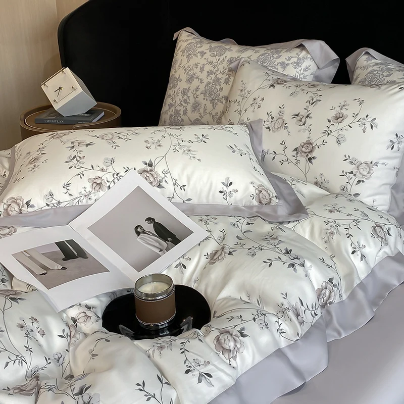 Luxury Digital Printing Flowers and Plants Bedding Set Lyocell Eucalyptus Fiber Soft Silky Duvet Cover Bed Sheet Pillowcase 4Pcs 4