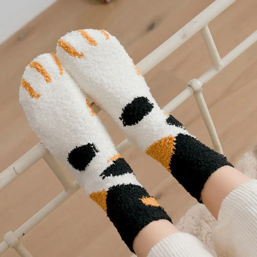 Herbst Winter Korallen Samt Socken Lustige Nette Stil Tier Katze Pfote Cartoon-Muster Frauen Baumwolle Socken Hause Boden Socken – Detail 15