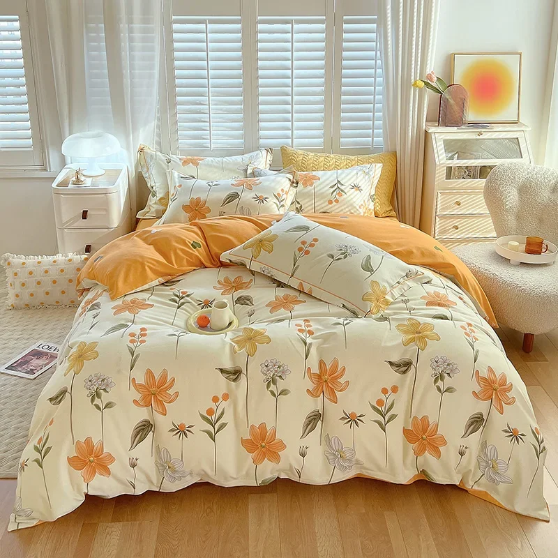 

Four-Piece Cotton Double Bed Sheet Duvet Cover Double-Sided Warm Autumn and Winter High Quality Simple Modern Flower Embroidery