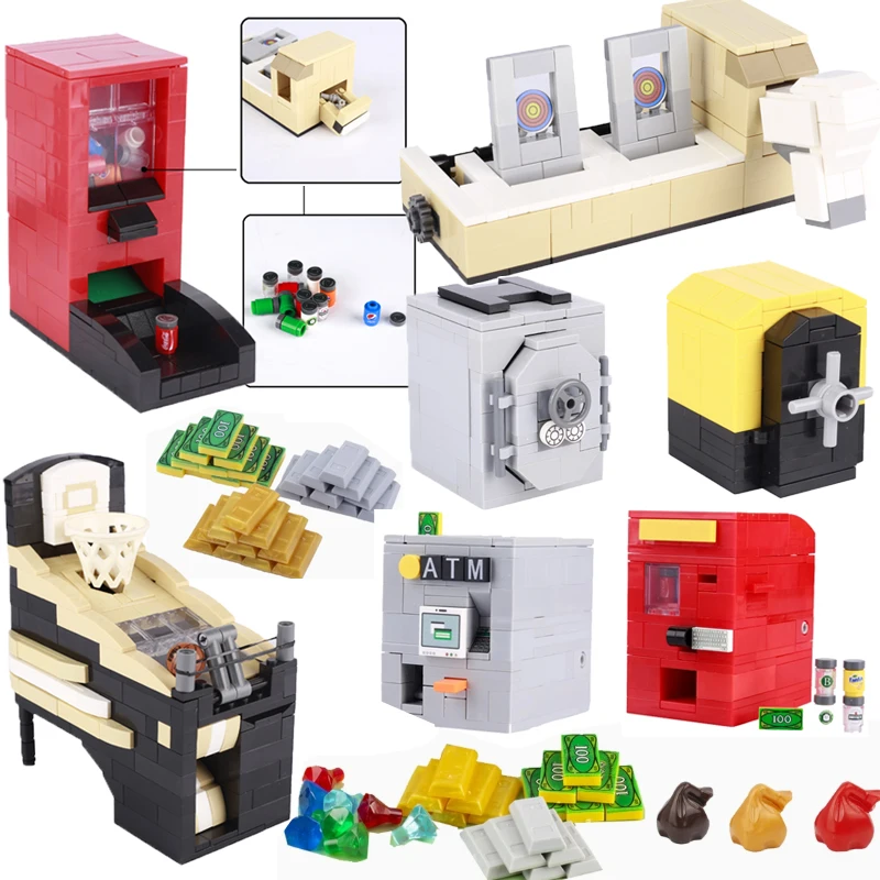 MOC-City ATM Safe Box Building Blocks, Street View, bebida, máquina de bebidas, dispensador de dinheiro, supermercado, tijolos Brinquedos