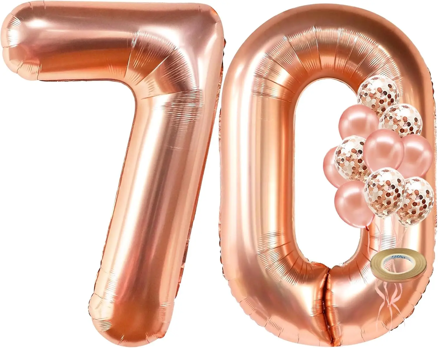 � 40-Zoll-Ballon mit Roségoldfolie und Nummer 70 und Konfetti – Dekorationen zum 70. Geburtstag und Jubiläum – großer Partyballon
