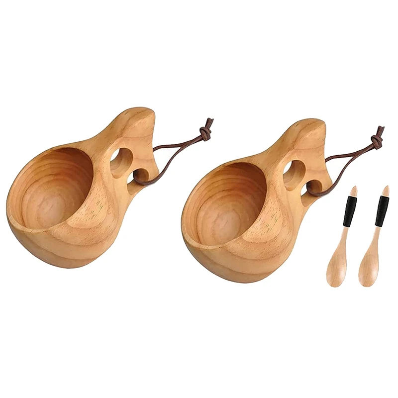 

Quality 2Pack Nordic Style Wooden Cup Kuksa Cup Portable Outdoor Camping Drinking Mug Wooden Coffee Cup With Wooden Spoon