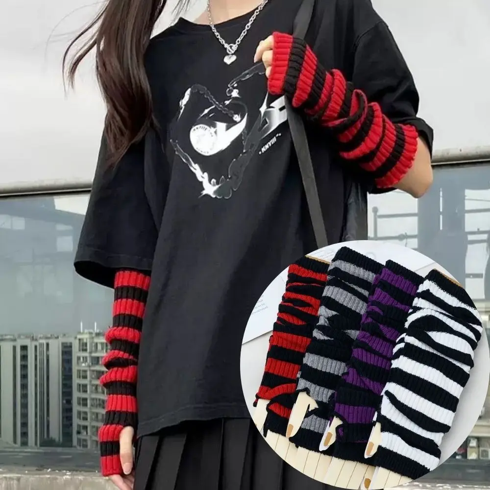 Women's Knitted Arm Warmers - 2 Pairs Striped Fingerless Gloves With Thumbholes For Winter