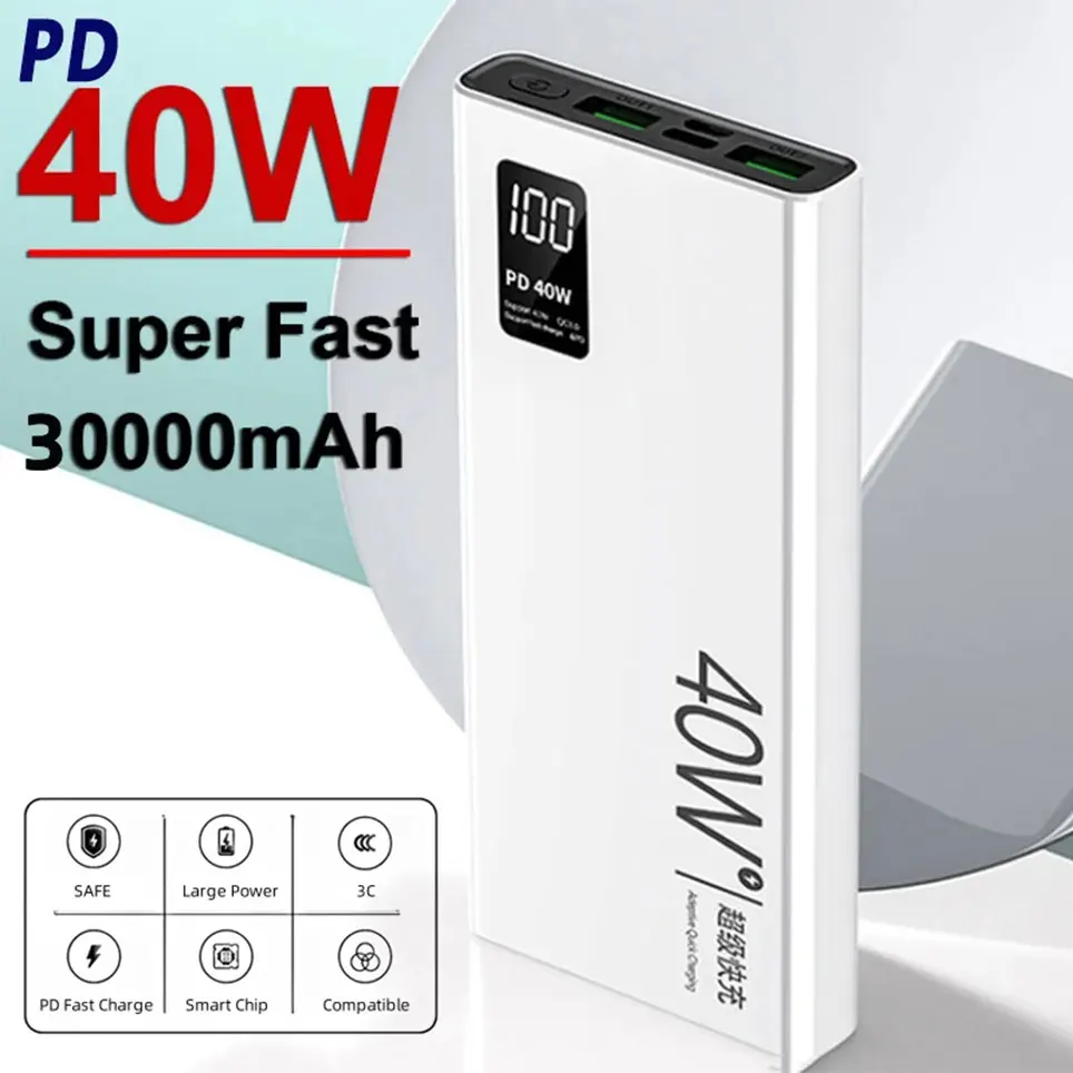 

PD40W Super Fast Charging Power Bank Portable 30000mAh Digital Display External Battery Charger Suitable for Huawei QC3.0