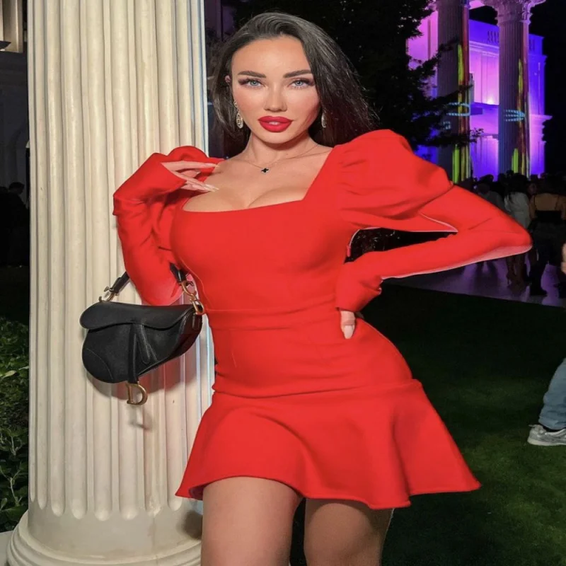 

Женское Бандажное платье с длинным рукавом, элегантное вечернее платье в европейском и американском стиле с квадратным вырезом, весна-осень