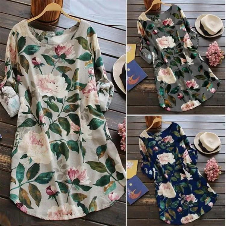 

2023 New Women Loose Floral Print Dress Ladies Mini Dress Summer Casual Party Dresses Long Sleeve Dress Plus Size