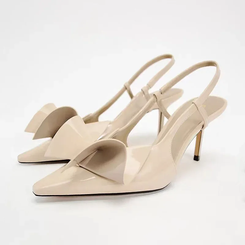 Women High Heels Sandals Beige Elegant Bow Decoration Stilettos Pointed Toe Summer Slingbacks Office Lady Shoes Patent Leather women high heels shoes