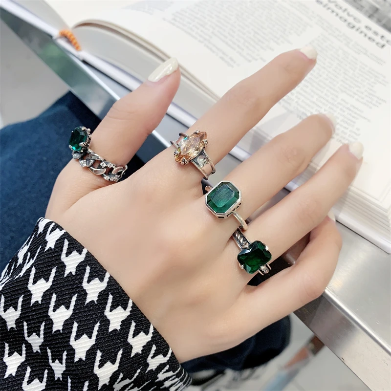 

Wedкасание, блестящее серебряное кольцо с зеленым и коричневым кристаллом в стиле ретро, тайское серебряное регулируемое Открытое кольцо для женщин, роскошные ювелирные изделия
