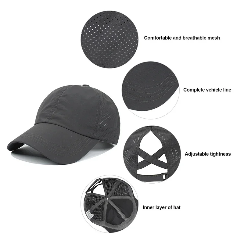 Solid Color Baseball Caps Golf Wear Women Sport Leisure Cross Ponytail Hat...
