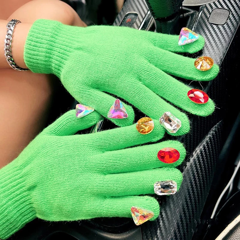 

Women Winter Knitted Gloves Rhinestone Wool Full Finger Gloves Female Solid Thick Warm Men Drving Mittens guantes mujer