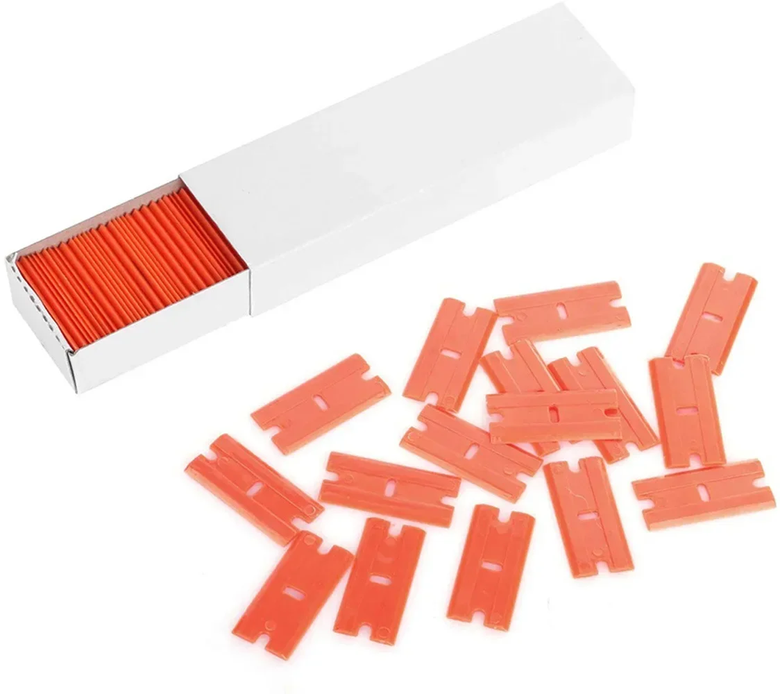 100 Stück zwei schneidende Kunststoff-Rasierklingenetiketten, sauberer Rasierer, Kleberentferner, Fensterglas, sauberer Schaber, Autoverpackung, Aufkleber, Rakel – Detail 4