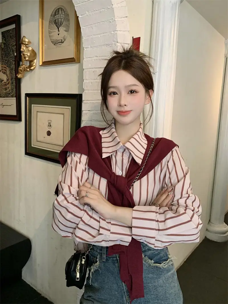 2023 Autumn French Style Striped Long Sleeved Woman Shirts with Fashion Knitted Shawl Two-piece Set Female Students Clothes Set