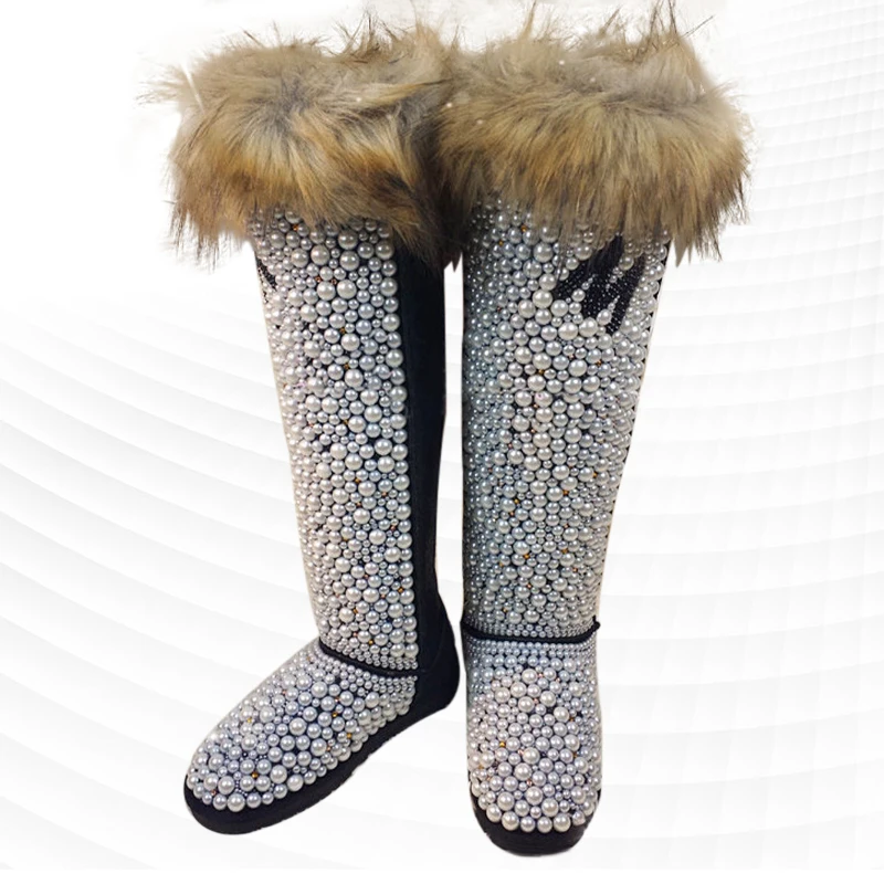 

Fashion fashion design sense diamond-pearl fox hair everything small ultra-high bucket warm snow boots thick non-slip cotton sho