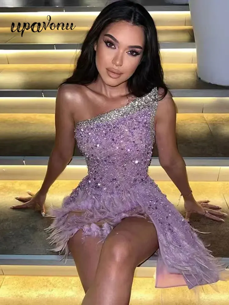 

Sexy Diagonal Collar Sleeveless Sequin Feather Dress Women's Bodycon Backless Asymmetric Mini Dress Evening Party Vestidos 2023