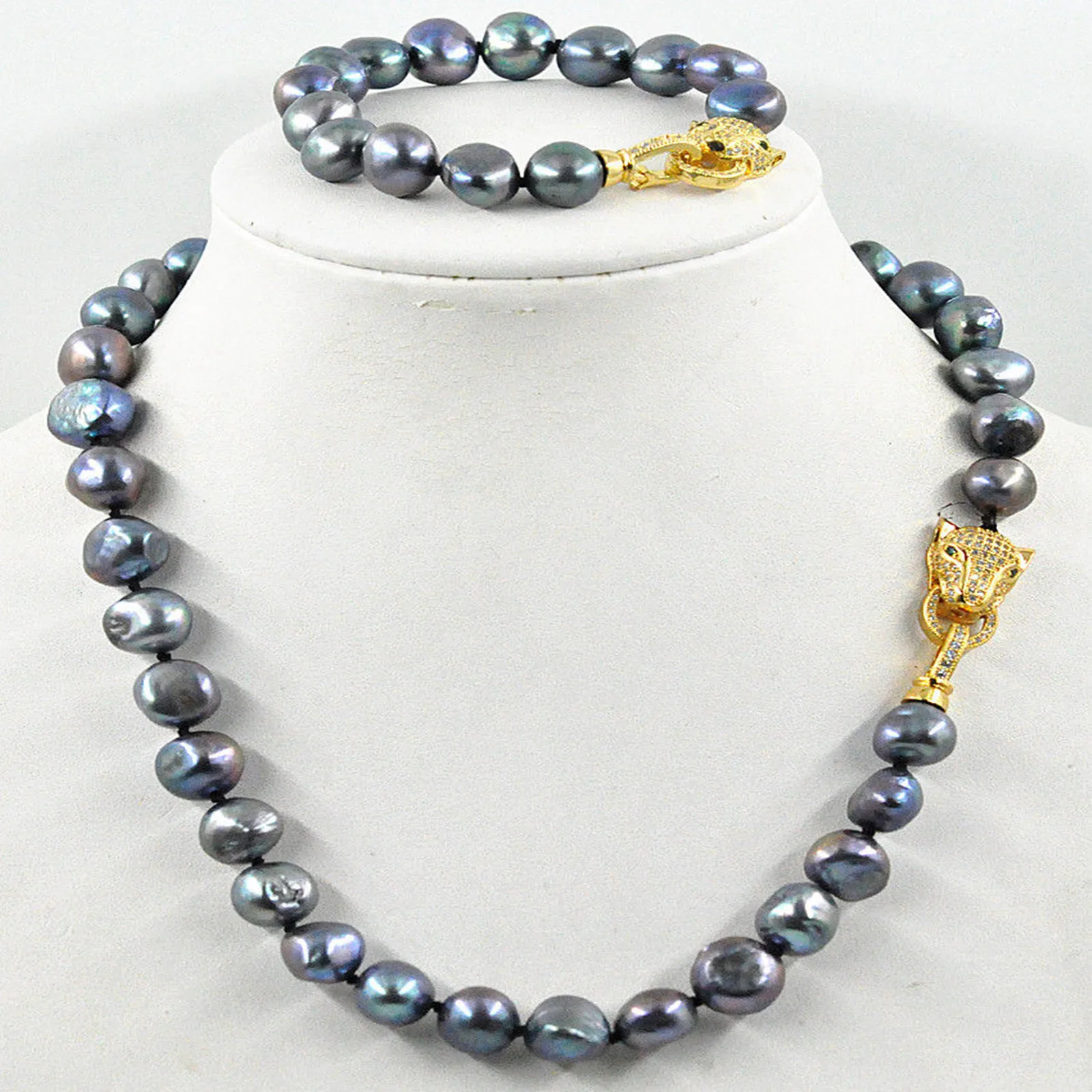 

Hand knotted 11-12mm black freshwater baroque pearl necklace 45cm bracelet 20cm set micro inlaid zircon accessory