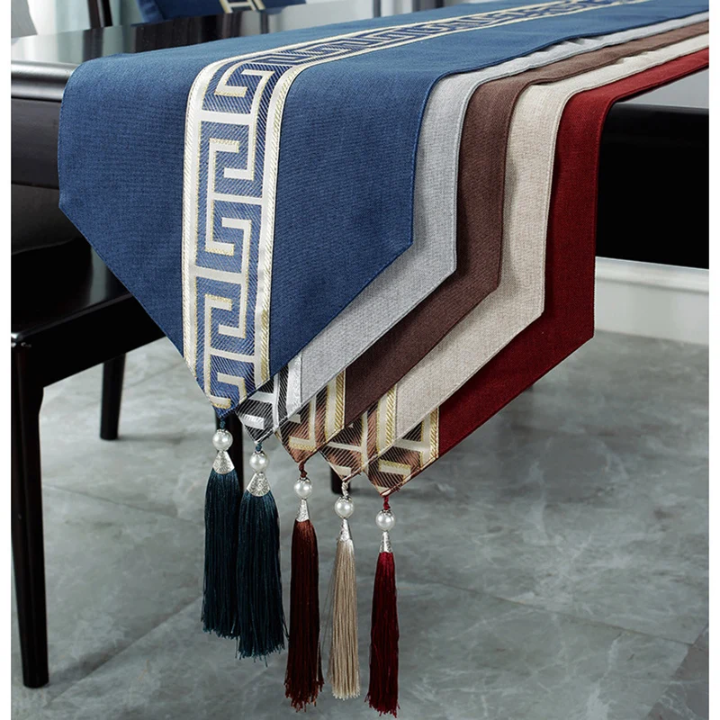 Chinese Style Table Runner,Cotton Linen Jacquard Table Runners with Tassels,Waterproof Oilproof Decorative Table Flag Home Hotel