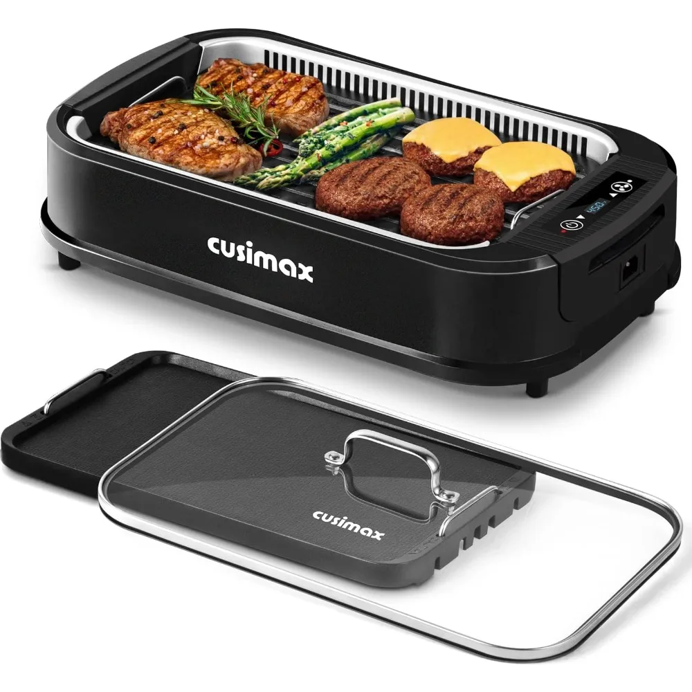 Indoor Grill, CUSIMAX Smokeless Grill Indoor, 1500W Electric Grill Griddle Korean BBQ Grill LED Smart Display , Black