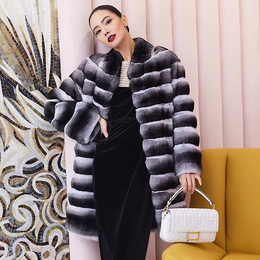 

Chinchilla Coat Women Natural Rex Rabbit Fur Coat Mid-Length High Quality Warm Winter Real Fur Jacket For Women