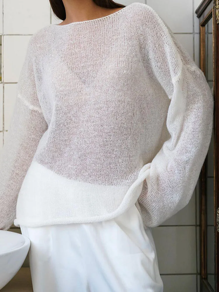 Knitted Round Neck Hollow Pullover Top Women's Summer Fashion Casual Loose Pullover Long Sleeve Streetwear Top Pullover