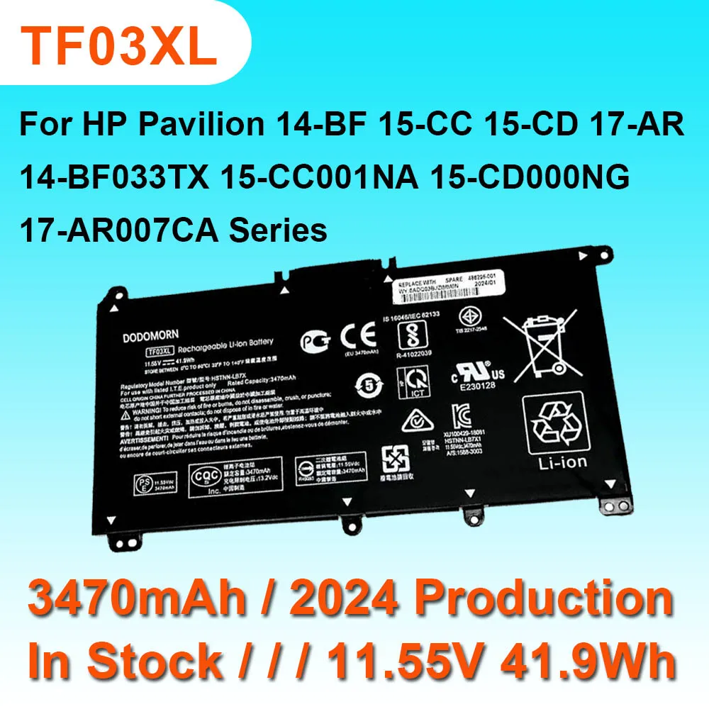 

Аккумулятор TF03XL для ноутбука HP Pavilion 14-BF033TX 15-CC001NA 15-CD000NG 17-AR007CA, Аккумулятор для ноутбука, 11,55 в, 3470 Вт/ч, мАч