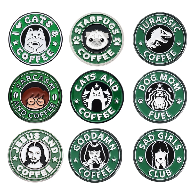 Film TV Katzen Kaffee Emaille Pins Traurige Mädchen Club Sarkasmus Kaffee Hexe Mops Hund Broschen Revers Abzeichen Tasche Café Schmuck Geschenk