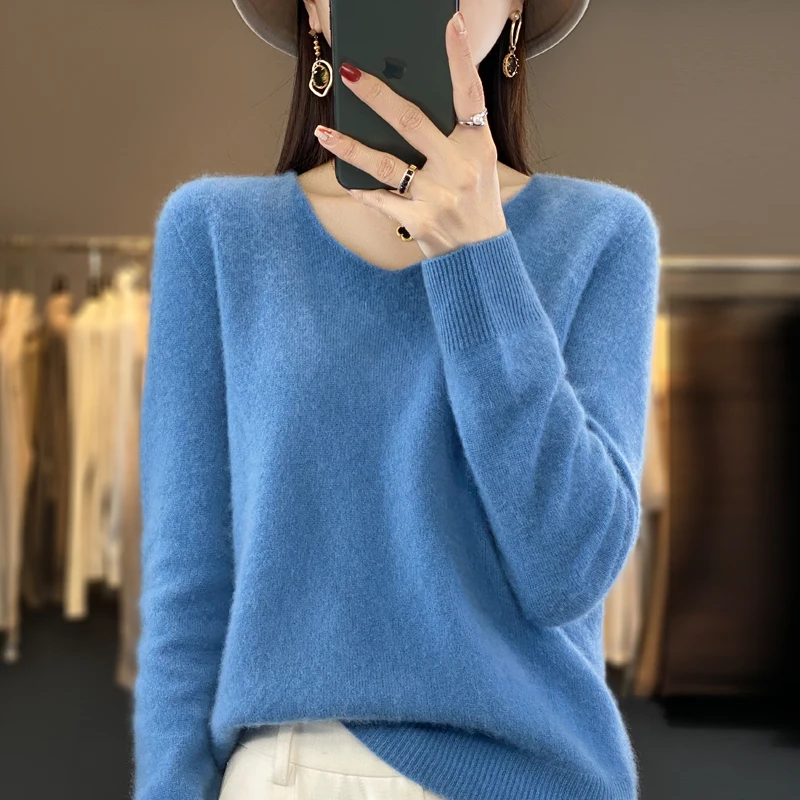 2024 autumn and winter new 100% pure wool cashmere sweater women's V-neck pullover fashion solid color long sleeve pullover. 4