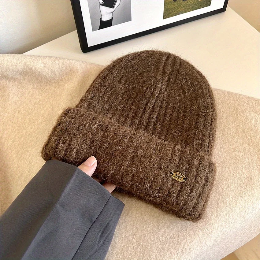 Solid Color Mohair Hair Knitted Hat Fashionable Versatile Curled Edge Ear Protection Hooded Hat Winter Outdoor Woman Warmth Hat 3