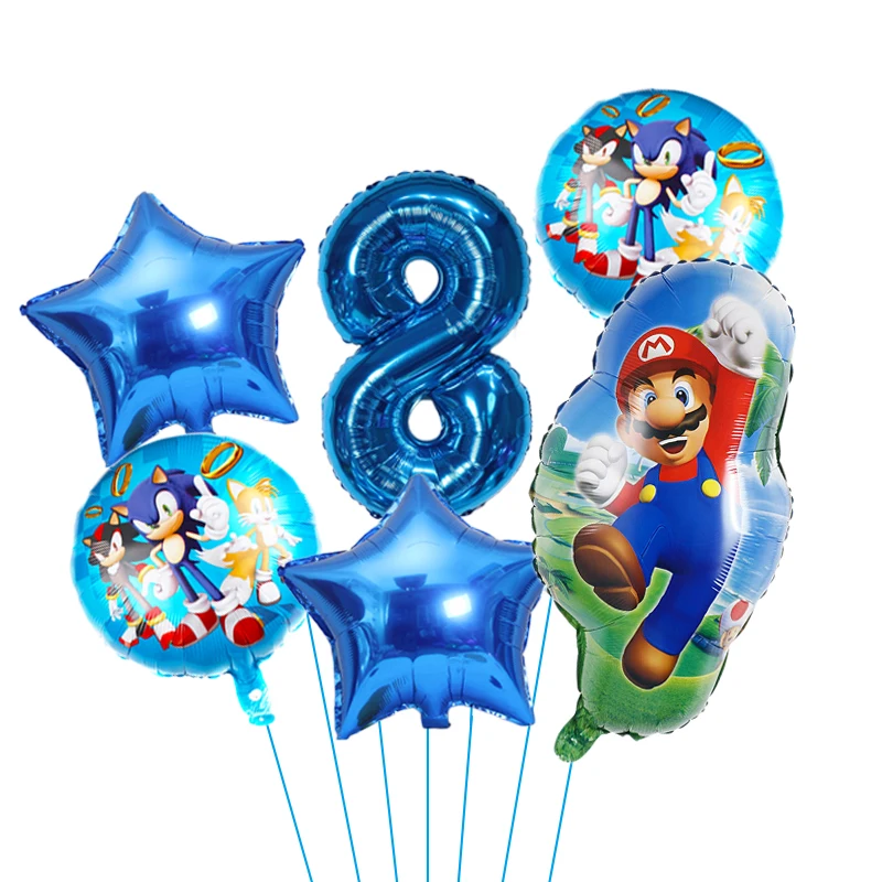 thumbnail image 1 of 6 piezas de decoración para fiesta de cumpleaños de Super Mario Brothers, muñeco de juego de dibujos animados Sonic Hedgehog, globo, suministros de juguetes para baby shower para niños, 1 of 5