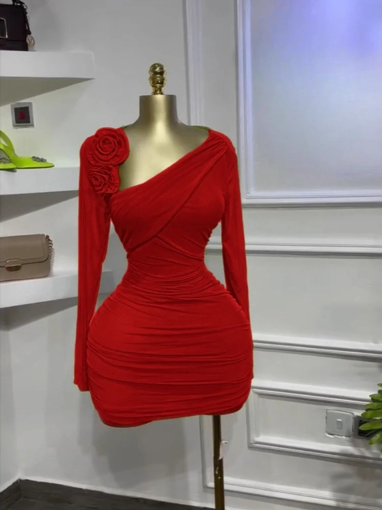 Wmstar Dresses for Women Wholesale Slanted Collar Flower Short Skirt Long Sleeved Pleated Slimming and Elegant Party Dress 2025