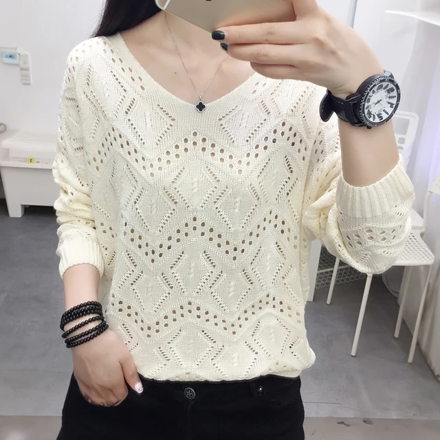 Pointelle Knit Top Long Sleeve Cropped Plain Pullover Women Jumper Knitwear Spring Summer Basic Outfit 1