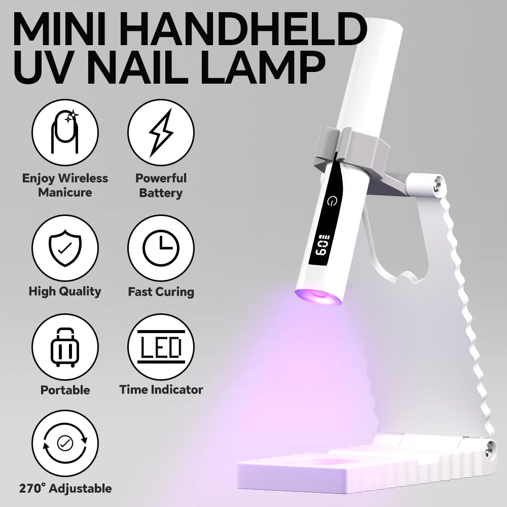 UV Nail Light with Timer, Adjustable Stand and Indicator, Mini Handheld LED Nail Lamp, Rechargeable Nail Dryer for DIY Nail Art