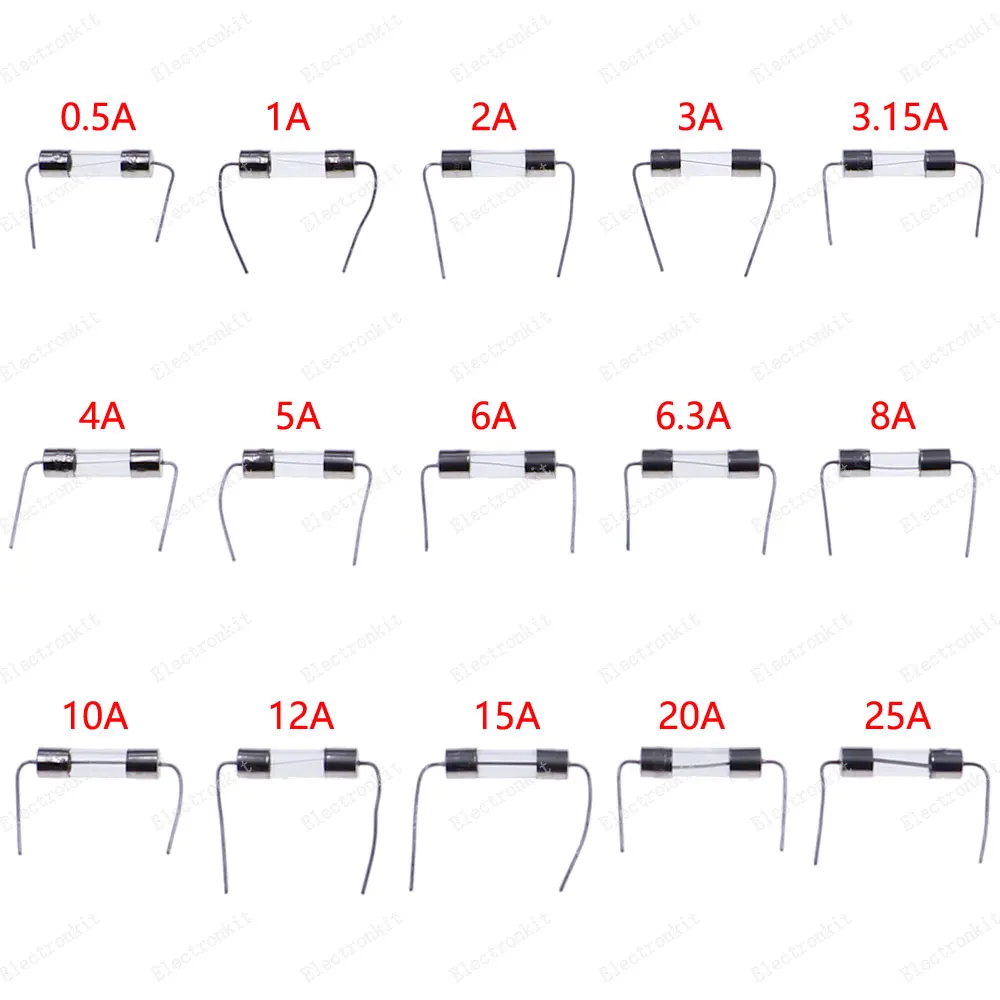 75pcs/Box 15value 5*20mm 250V Fast Blow With Lead Wire Glass Fuse kit 0.5A 1A 2A 3A 3.15A 4A 5A 6A 6.3A 8A 10A 12A 15A 20A 25A