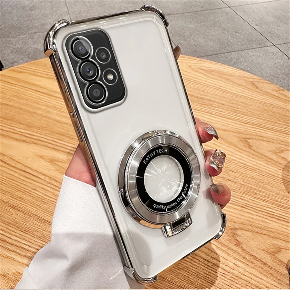 Transparent Magnetic Bracket Shockproof Phone Case with Plating Design