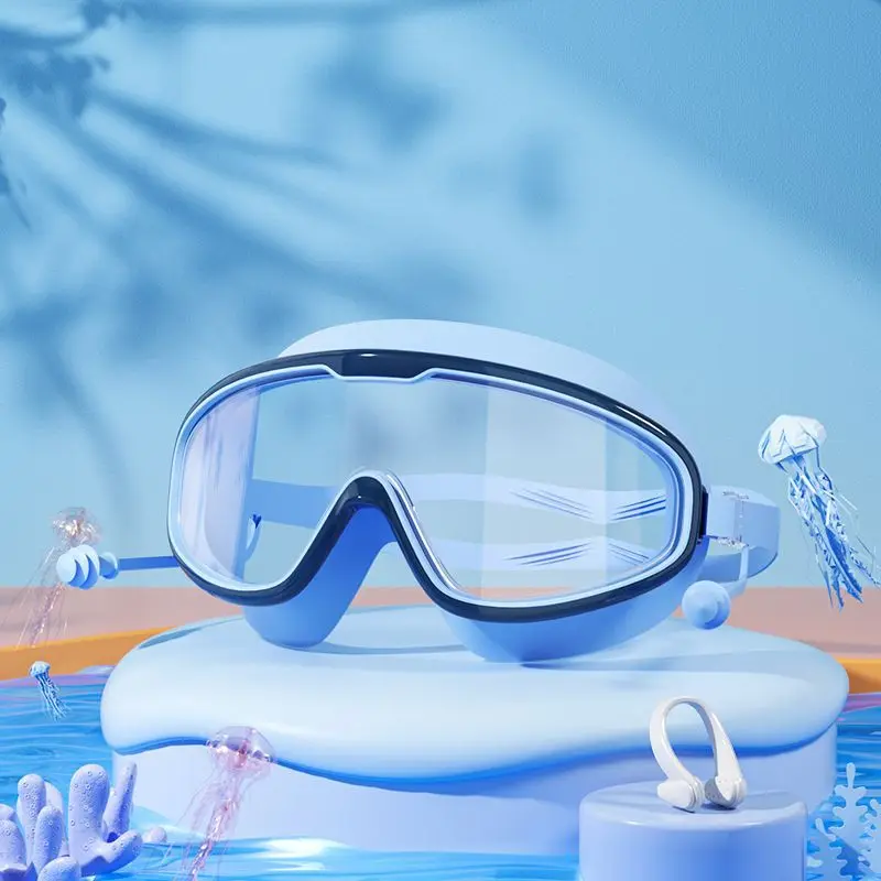 Summer high-definition anti fog and waterproof silicone earplugs with large frame for adult and children's swimming goggles