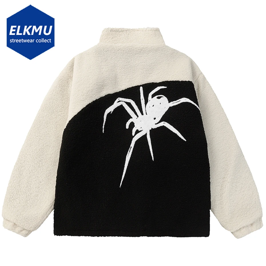 

Men Winter Jackets Streetwear Hip Hop Padded Parkas Lambswool Coat Spider Embroidery Patchwork Loose Casual Jackets for Male