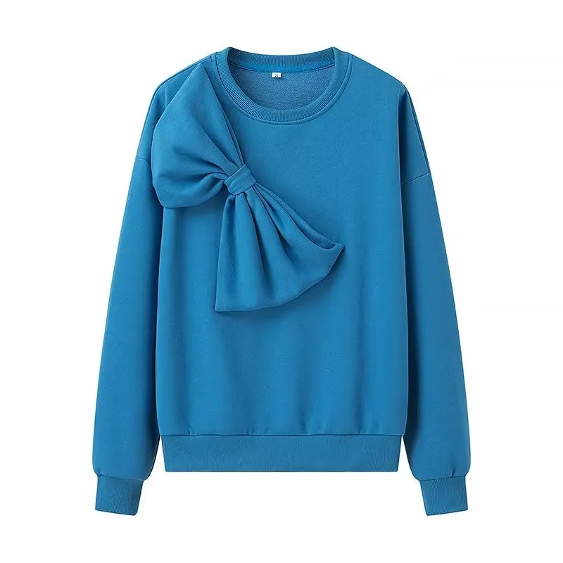 thumbnail image 1 of HH TRAF Sudadera elegante de primavera para mujer, nueva, con lazo decorativo, cuello redondo, mangas largas, color liso, informal, ropa de calle para mujer, 1 of 5